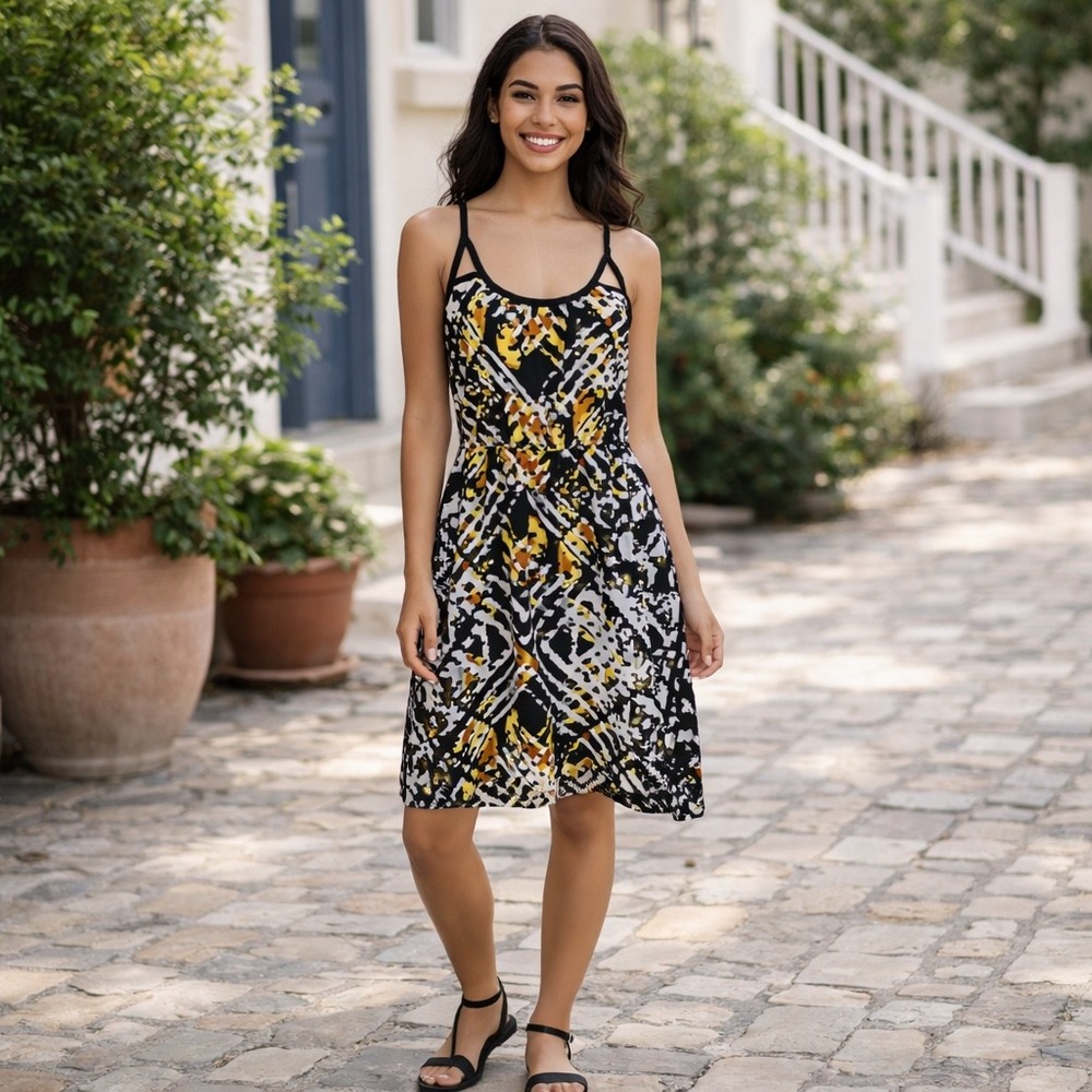 Angie Abstract Geometric Print Strappy Back High Low Midi Yellow Black Beach L